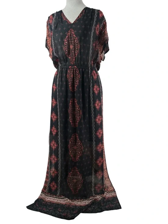 Lucky Brand Boho Print Maxi Dress Black Red V-Neck Festival Bohemian sz sm - Picture 2 of 7